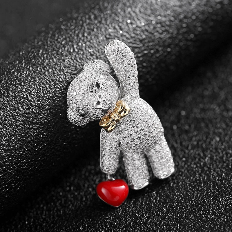 Teddy Bear Brooch with Red Heart Charm