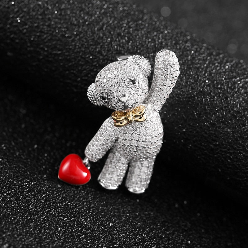 Teddy Bear Brooch with Red Heart Charm