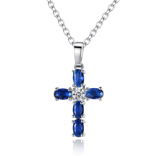 Blue Cubic Zirconia Cross Pendant Necklace