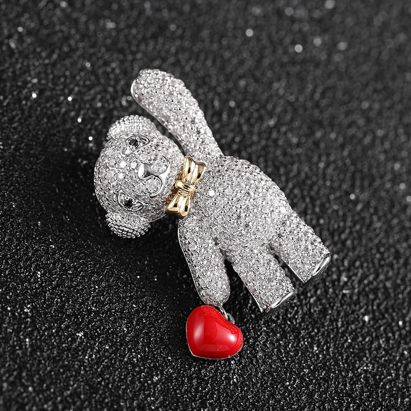 Teddy Bear Brooch with Red Heart Charm