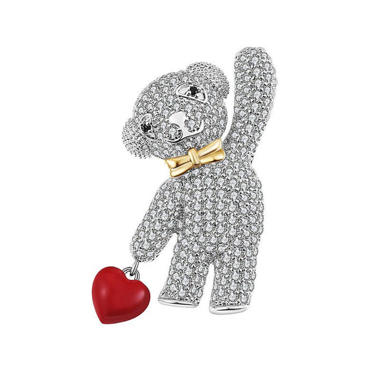 Teddy Bear Brooch with Red Heart Charm