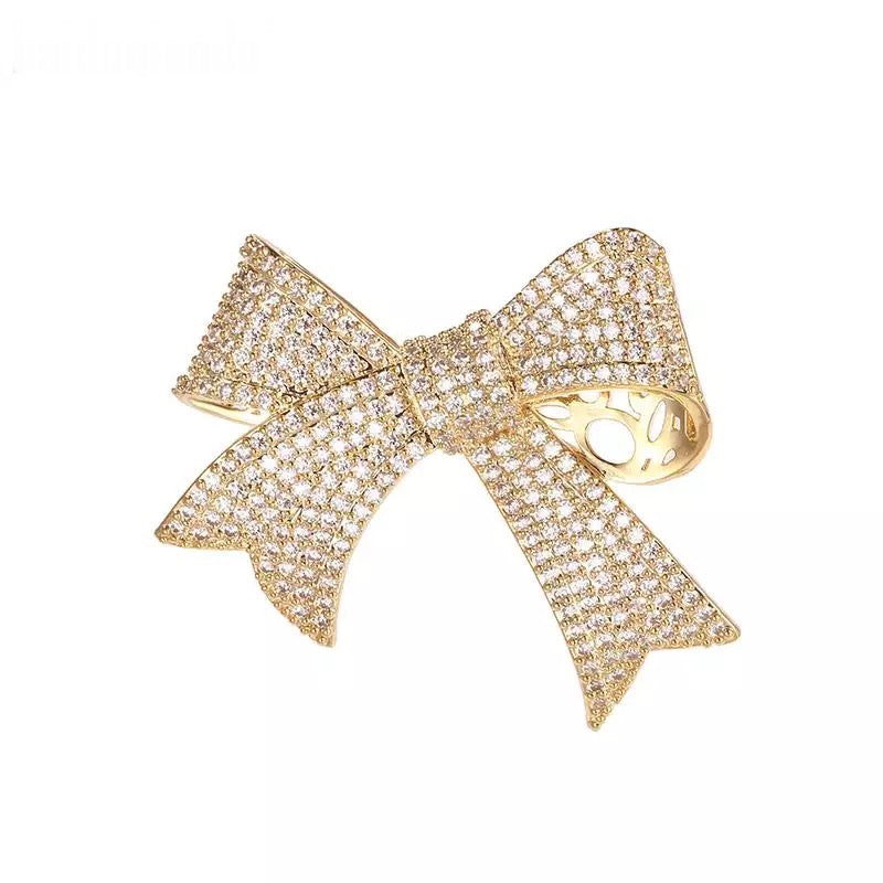 Ribbon Bow Brooch Pin with Cubic Zirconia Pavé in 14K Gold Plating