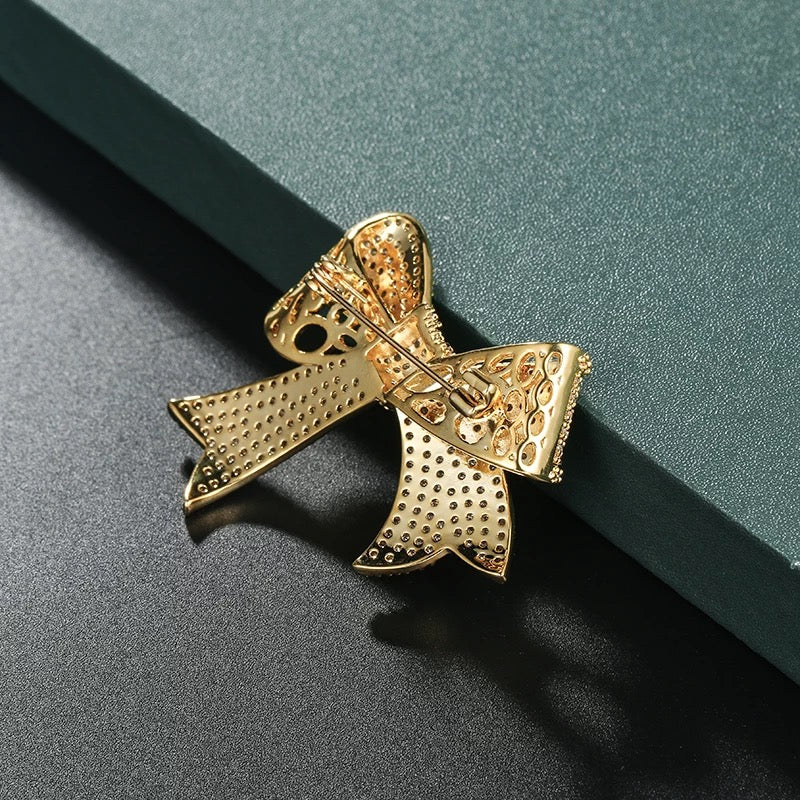 Ribbon Bow Brooch Pin with Cubic Zirconia Pavé in 14K Gold Plating