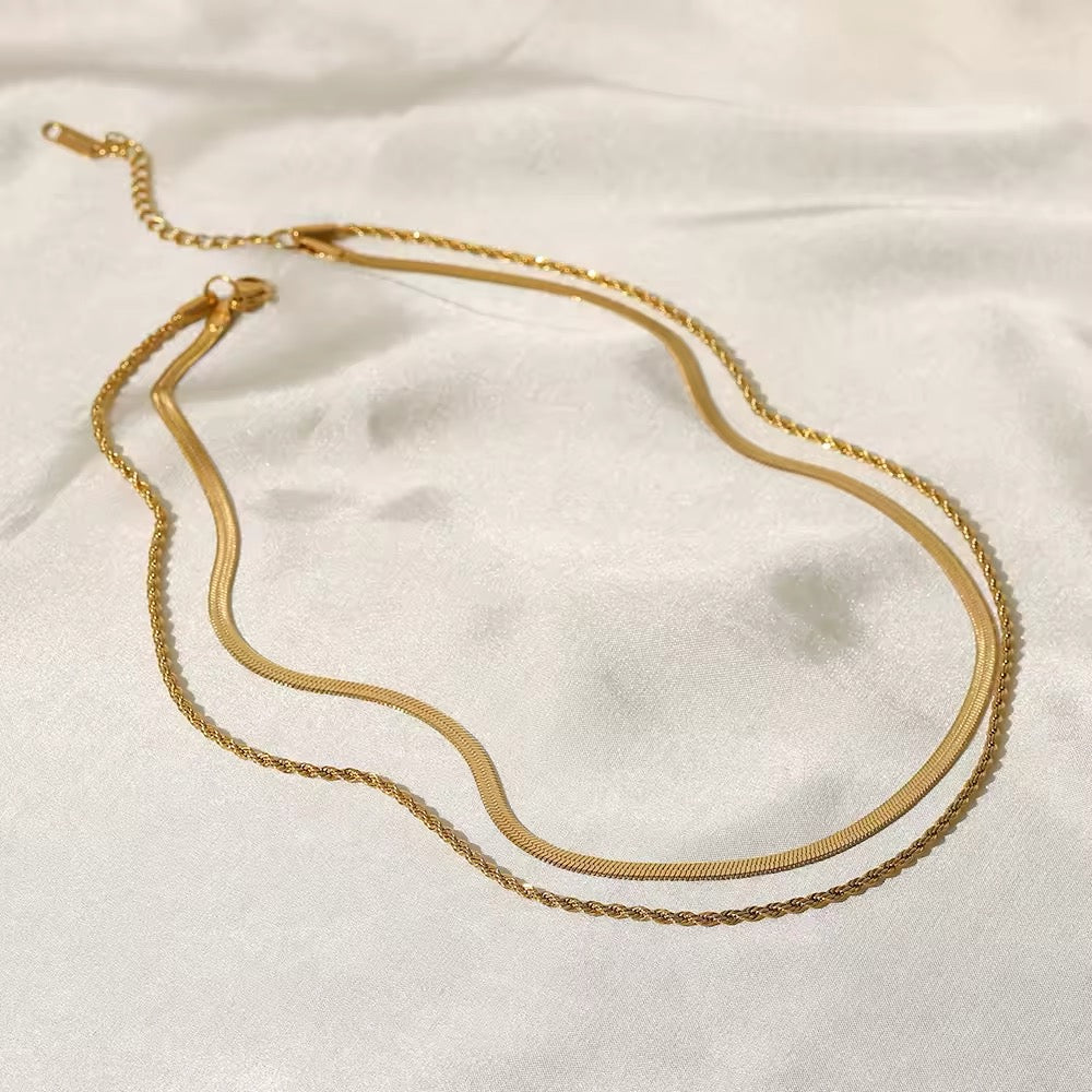 Herringbone and Rope Double Chain Layered Necklace