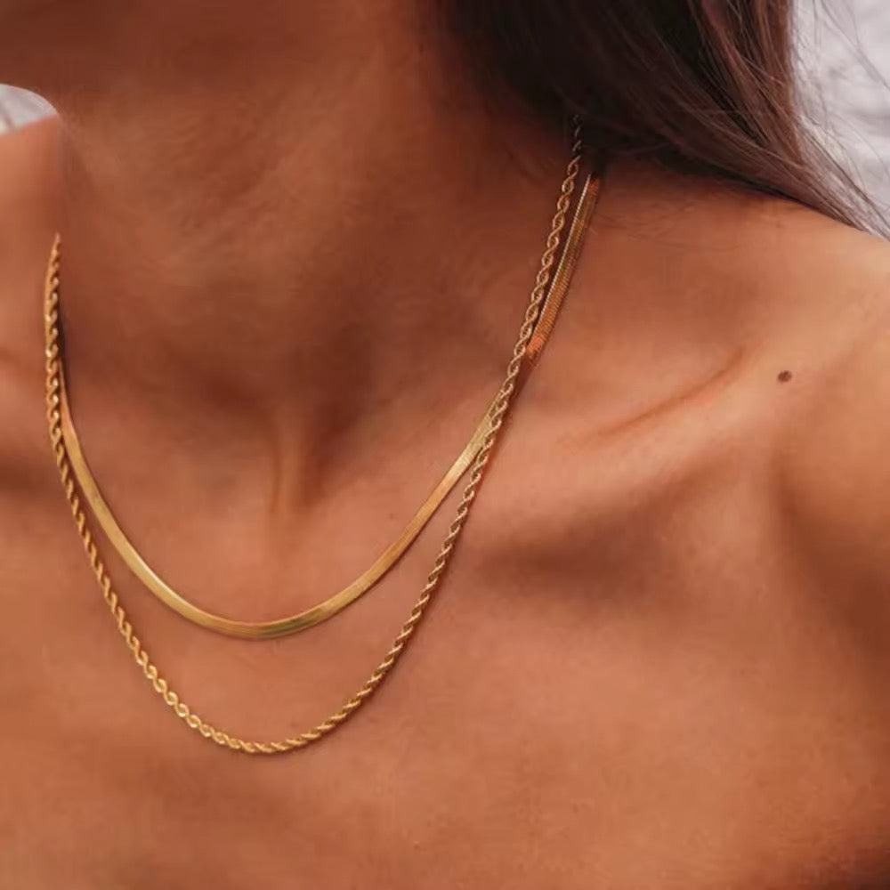 Herringbone and Rope Double Chain Layered Necklace