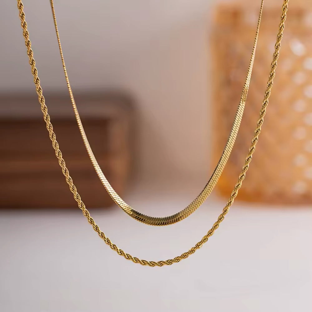 Herringbone and Rope Double Chain Layered Necklace