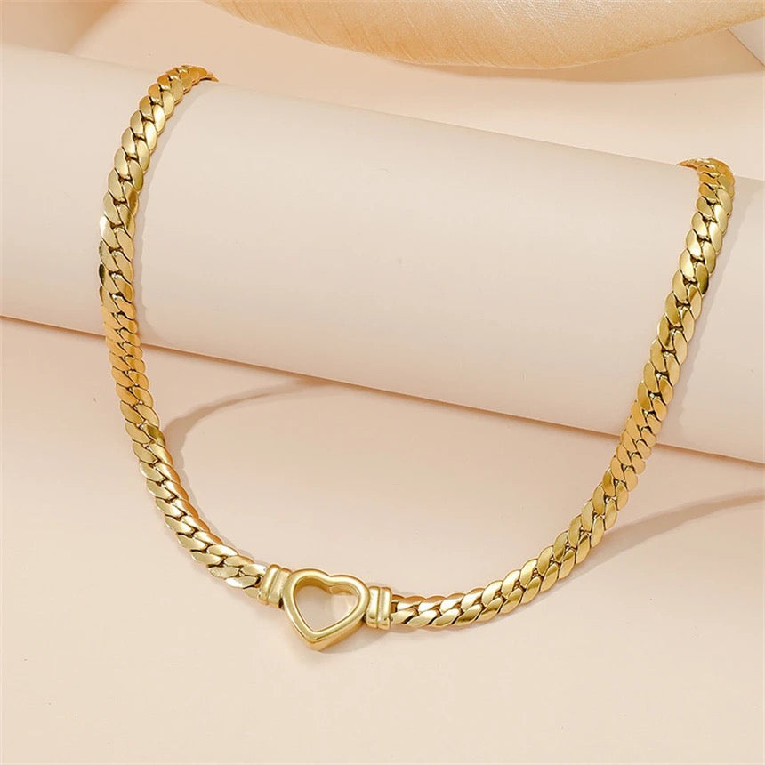 Heart Charm Cuban Link Chain Choker Necklace