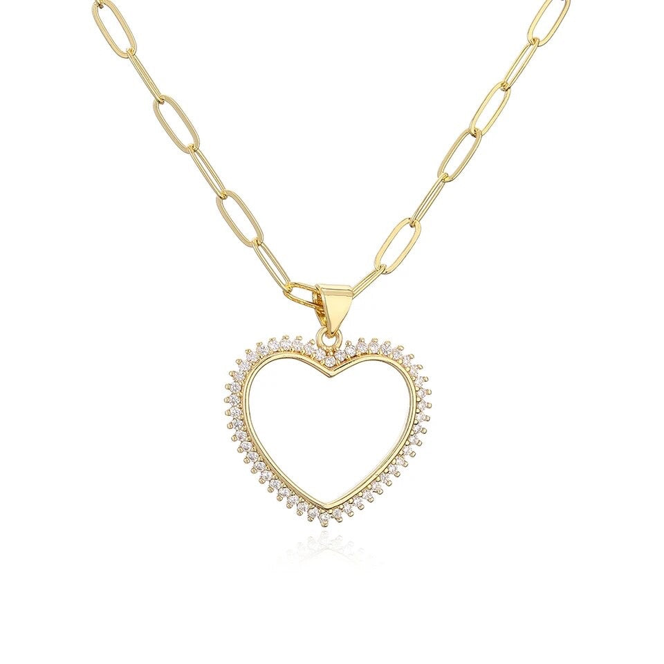 CZ Open Heart on Paperclip Necklace 14K Gold