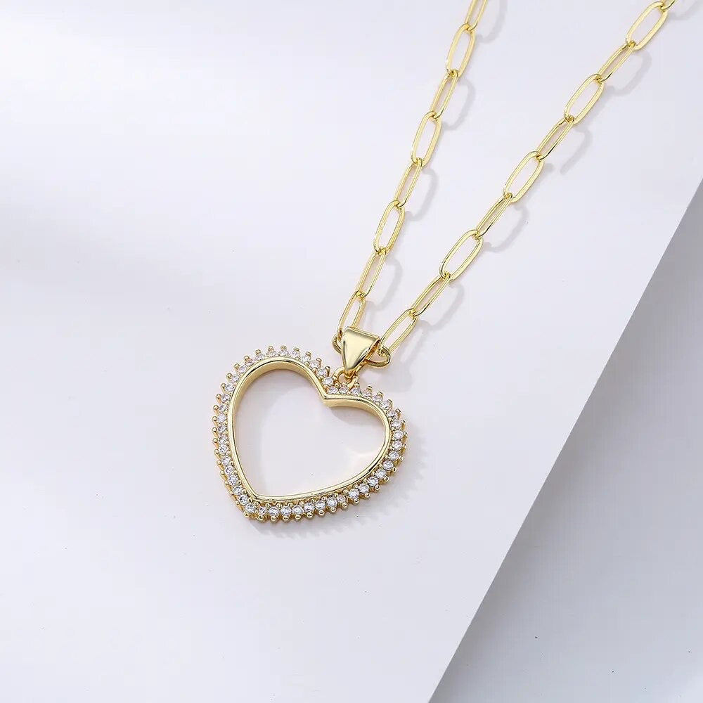 CZ Open Heart on Paperclip Necklace 14K Gold