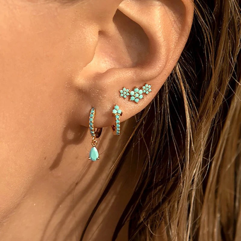 Solitaire Turquoise Teardrop Huggie Hoop Earrings in 925 Sterling Silver