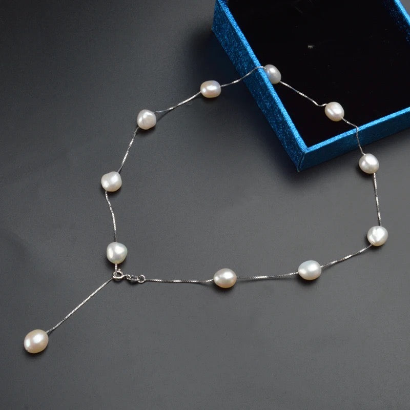 Freshwater Pearl Station Necklace in 925 Sterling Silver