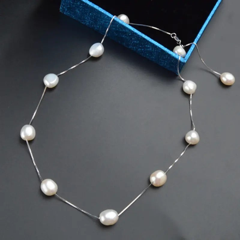 Freshwater Pearl Station Necklace in 925 Sterling Silver