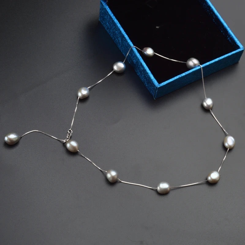 Freshwater Pearl Station Necklace in 925 Sterling Silver