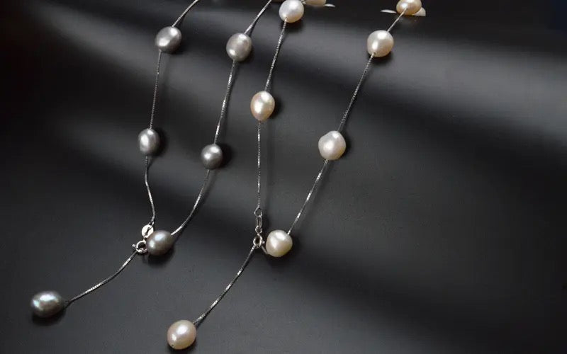 Freshwater Pearl Station Necklace in 925 Sterling Silver