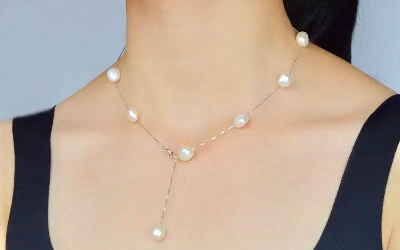 Freshwater Pearl Station Necklace in 925 Sterling Silver