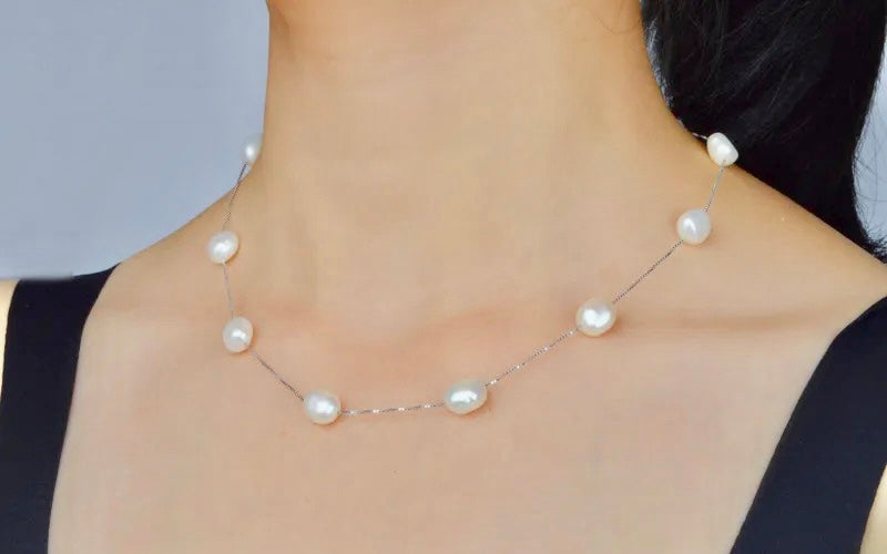 Freshwater Pearl Station Necklace in 925 Sterling Silver