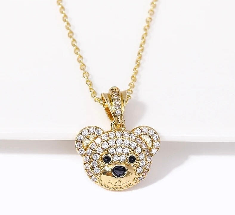 Teddy Bear Pendant Necklace in CZ Pave Accent