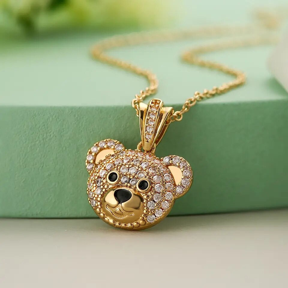 Teddy Bear Pendant Necklace in CZ Pave Accent