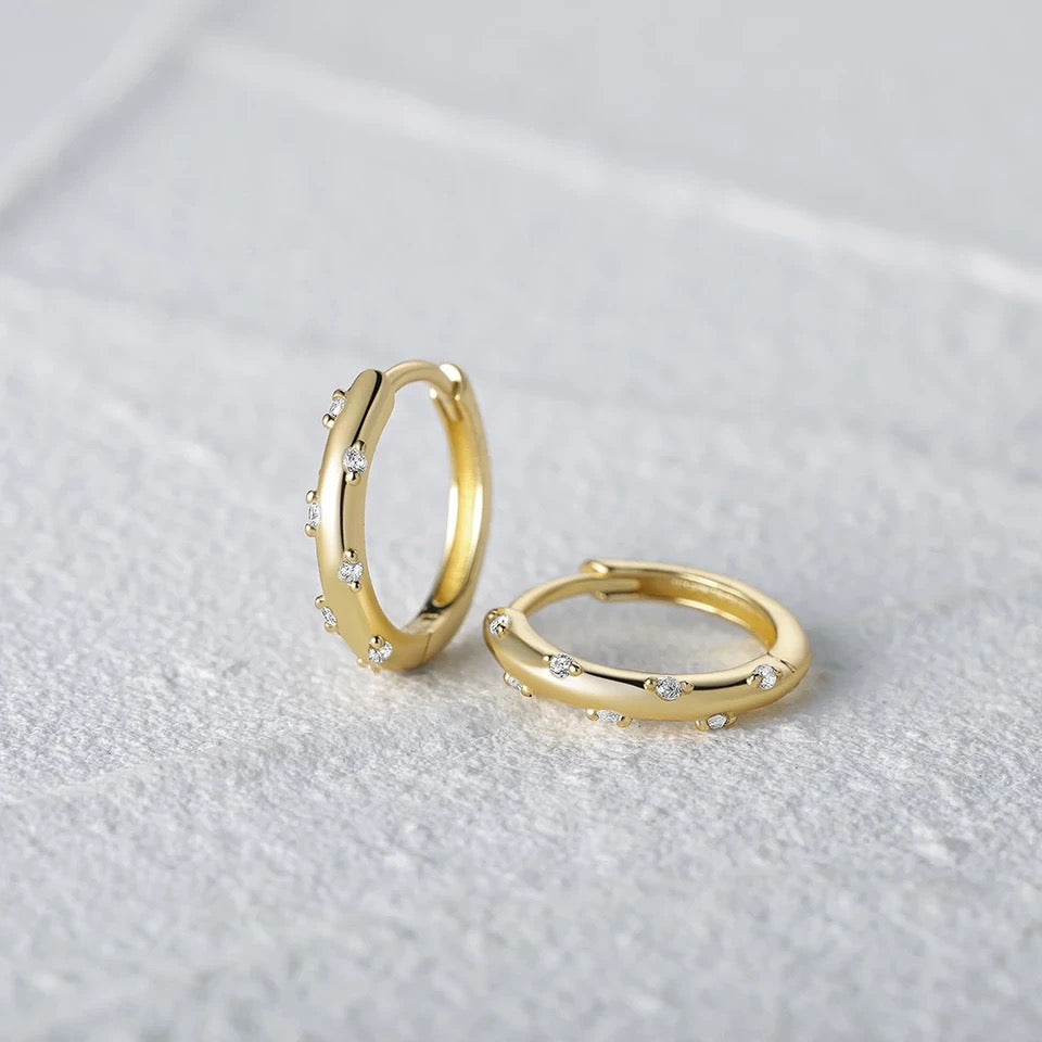 Mini Huggie Hoop Earrings with Round CZ Accents in Gold Vermeil