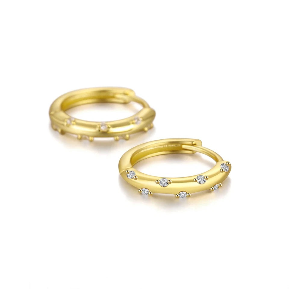 Mini Huggie Hoop Earrings with Round CZ Accents in Gold Vermeil