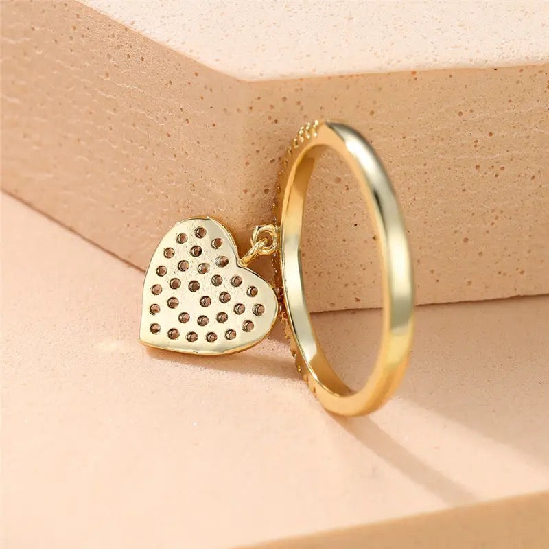 Dangling Heart Charm Ring 14K Gold Plating