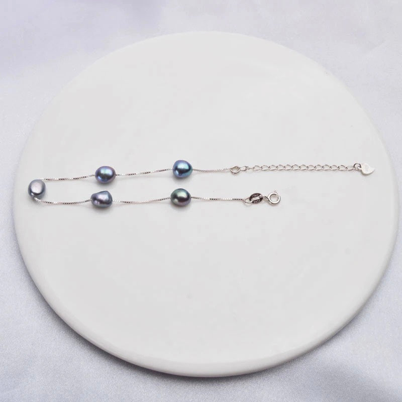 Black Freshwater Pearl Station Bracelet in 925 Sterling Silver