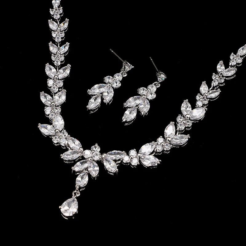 Cubic Zirconia Leaf Motif Necklace and Earrings Set