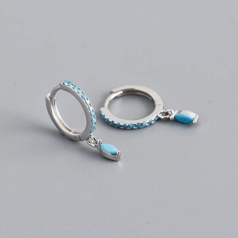 Solitaire Turquoise Teardrop Huggie Hoop Earrings in 925 Sterling Silver