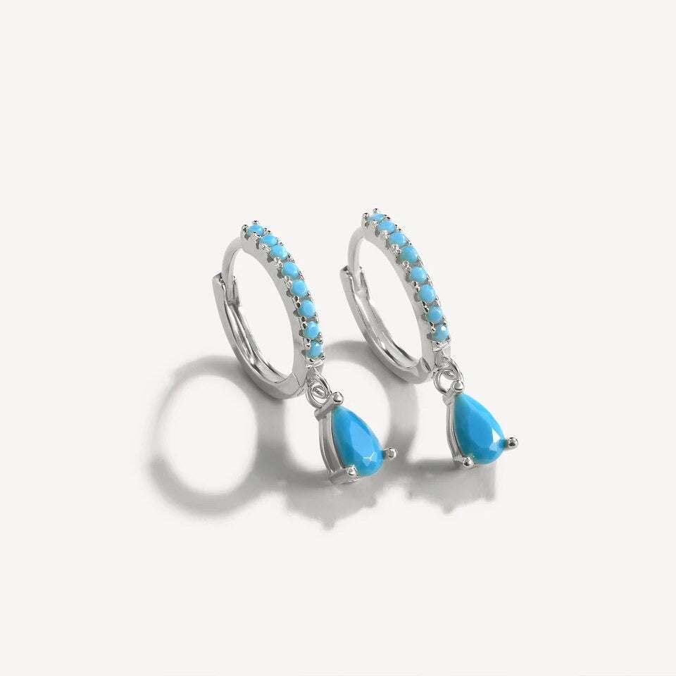 Solitaire Turquoise Teardrop Huggie Hoop Earrings in 925 Sterling Silver