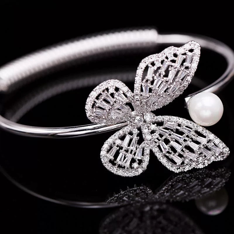 Butterfly Open Cuff Bangle with White CZ Accents