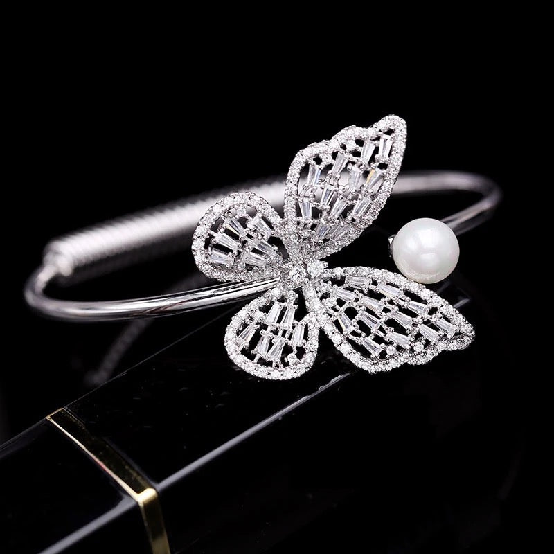 Butterfly Open Cuff Bangle with White CZ Accents