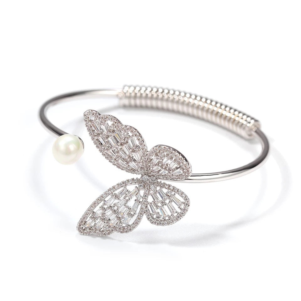 Butterfly Open Cuff Bangle with White CZ Accents