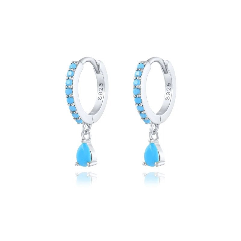 Solitaire Turquoise Teardrop Huggie Hoop Earrings in 925 Sterling Silver