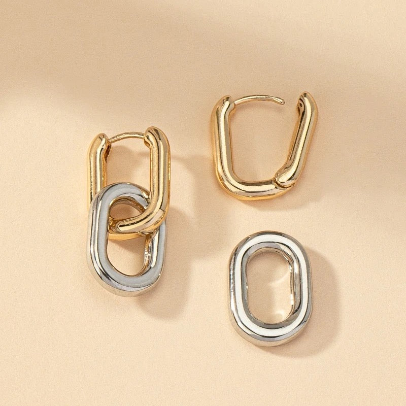 Two-Tone Double Link Huggie Drop Earrings