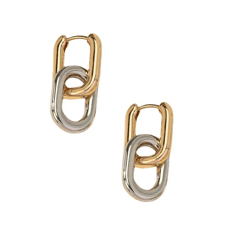 Two-Tone Double Link Huggie Drop Earrings