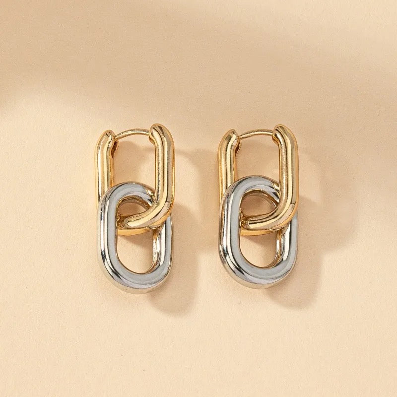 Two-Tone Double Link Huggie Drop Earrings