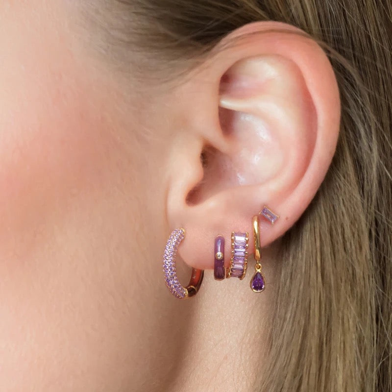 Baguette Huggie Hoop Stacked Earrings in Lilac Cubic Zirconia