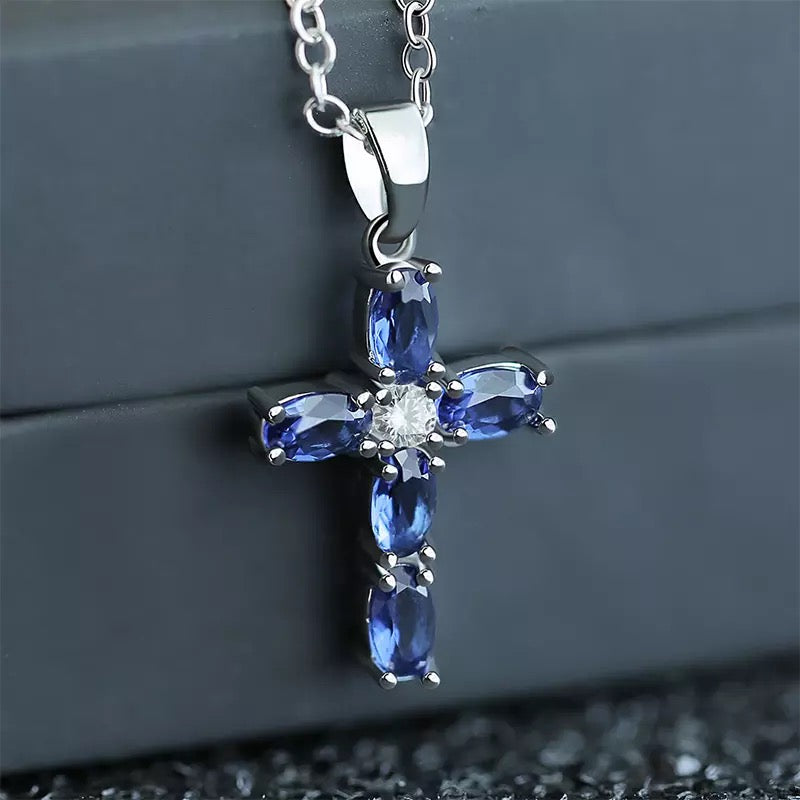 Blue Cubic Zirconia Cross Pendant Necklace