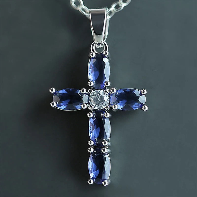 Blue Cubic Zirconia Cross Pendant Necklace