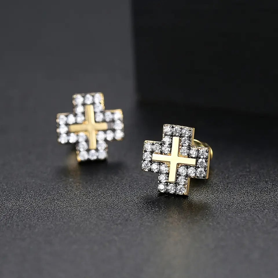 Cross Stud Earrings with Cubic Zirconia Accent In 14K Gold Plating