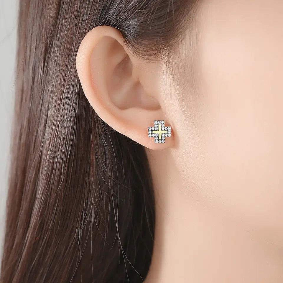 Cross Stud Earrings with Cubic Zirconia Accent In 14K Gold Plating