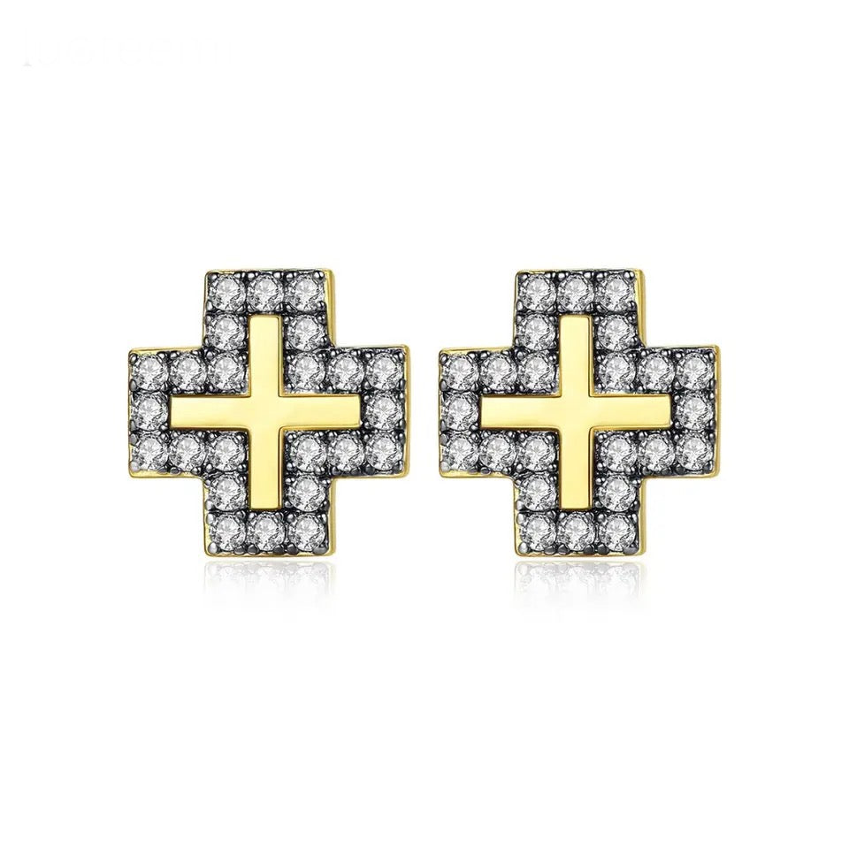 Cross Stud Earrings with Cubic Zirconia Accent In 14K Gold Plating