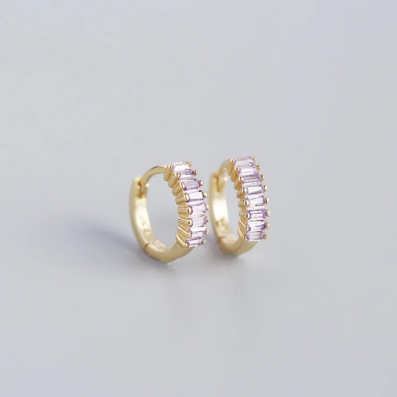 Baguette Huggie Hoop Stacked Earrings in Lilac Cubic Zirconia