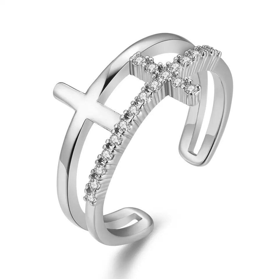 Double Cross Open Ring with Cubic Zirconia Accent