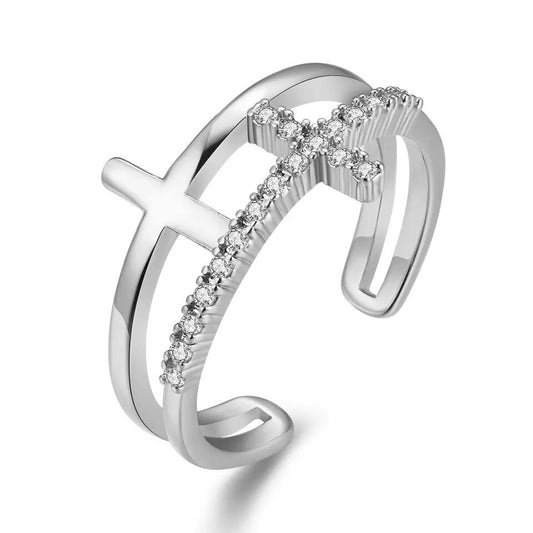 Double Cross Open Ring with Cubic Zirconia Accent