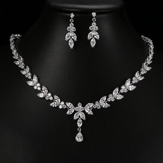 Cubic Zirconia Leaf Motif Necklace and Earrings Set