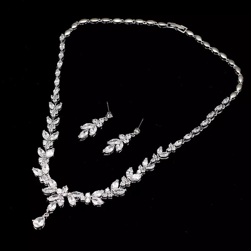 Cubic Zirconia Leaf Motif Necklace and Earrings Set