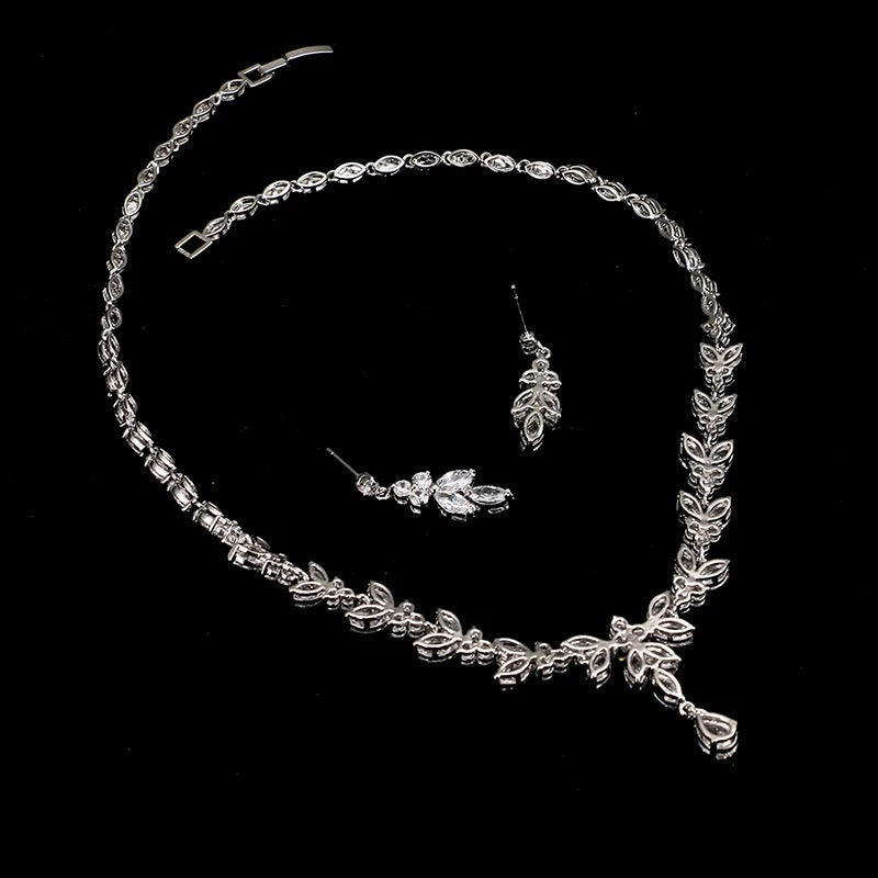 Cubic Zirconia Leaf Motif Necklace and Earrings Set