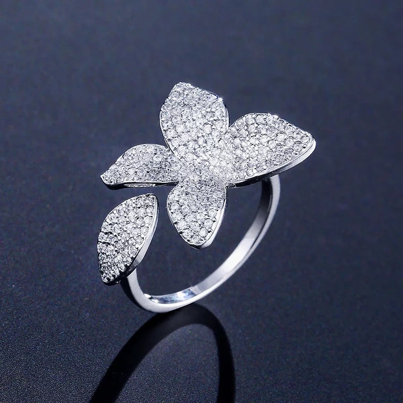 Flower Motif Open Ring In Cubic Zirconia Crystals