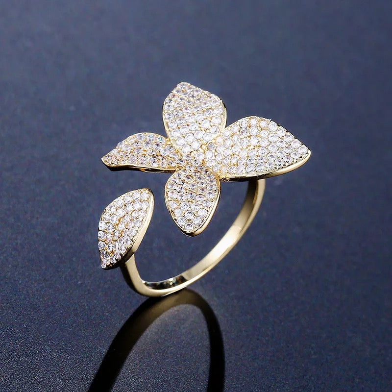 Flower Motif Open Ring In Cubic Zirconia Crystals